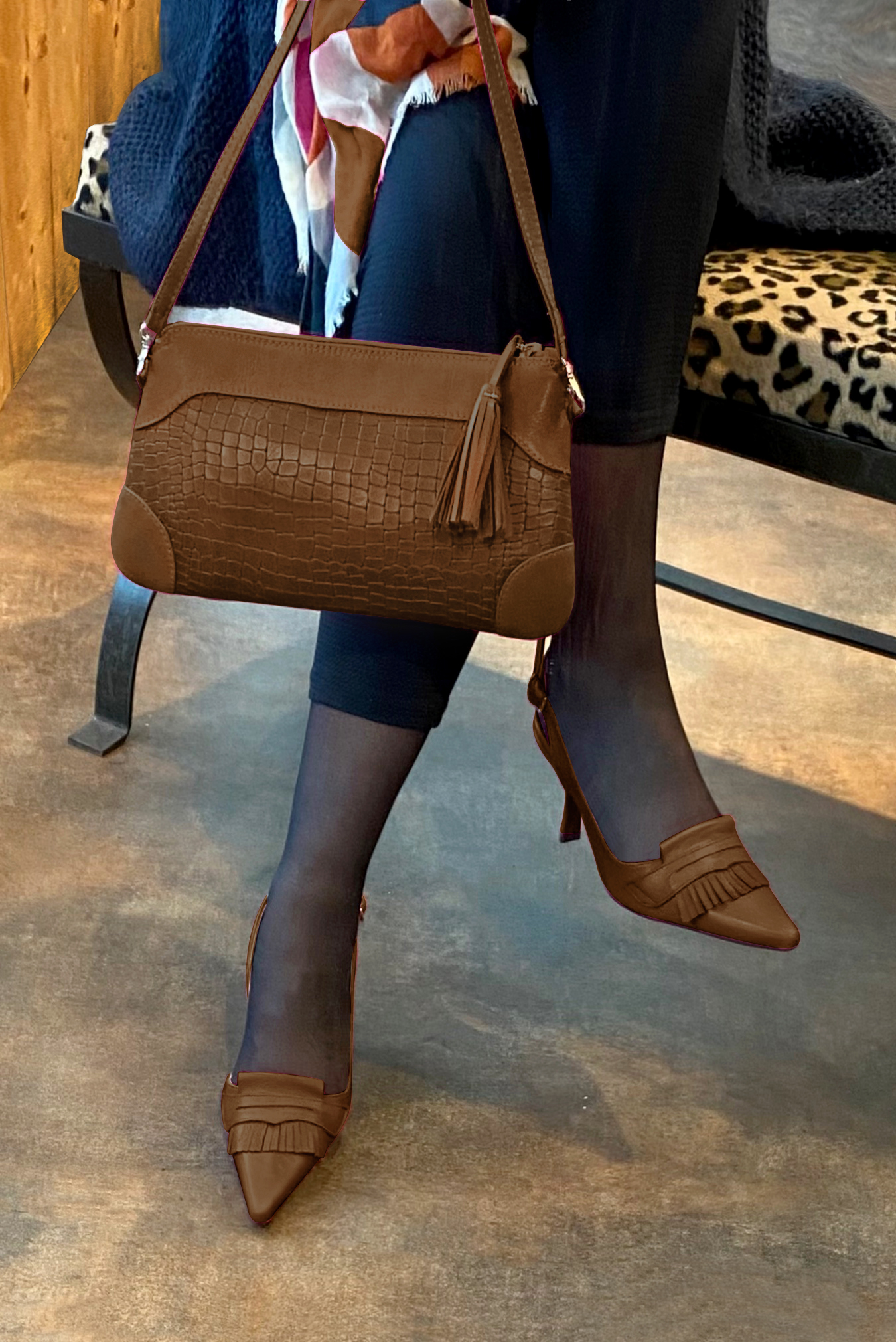 Caramel brown women's slingback shoes. Pointed toe. High spool heels. Worn view - Florence KOOIJMAN